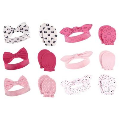 Hudson Baby Infant Girl 12pc Cotton Headband And Scratch Mitten Set, Bows Navy Hearts, 0-6 Months