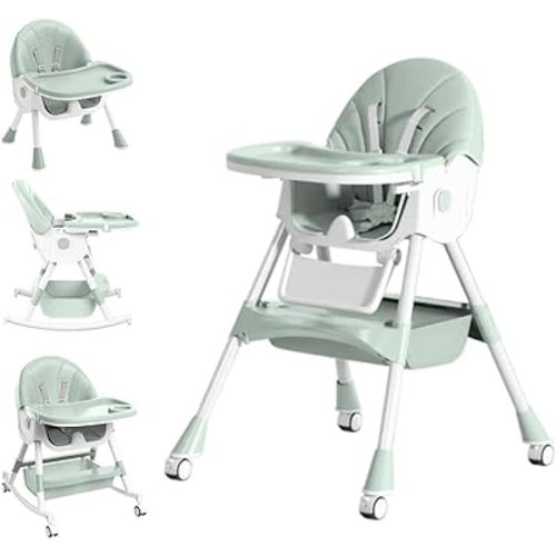 Baby High Chair, 5 in 1 High Chairs for Babies and Toddlers, Travel Foldable High Chair with Foot Rest, Detachable PU Cushion, Double Removable Tray, Adjustable Height & Recline, Locking Wheels