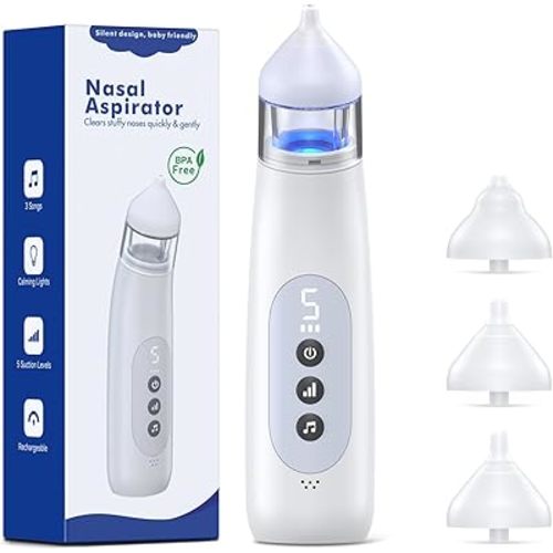 Nasal Aspirator for Baby, Electric Nose Suction for Baby with 3 Silicone Tips, 5 Suction Levels, Music and Light Function