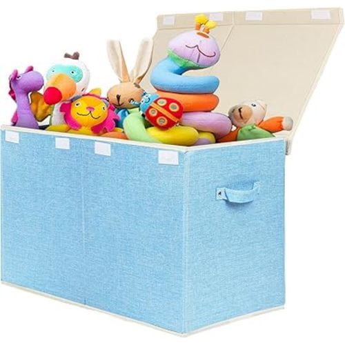 popoly Large Toy Box Chest with Lid, Collapsible Sturdy Toy Bin Storage Organizer Boxes Baskets for Kids, Boys, Girls, Nursery, Playroom, 25"x13" x16" (Linen Blue)