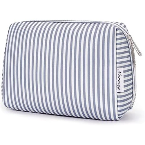 Narwey Striped Makeup Bag Travel Cosmetic Bag Organizer Toiletry Bag Make Up Bags with Compartments for Women Girls (Large, Greyish Blue Stripe)