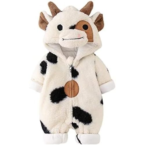 LALALOVE Newborn Baby Cow Plush Jumpsuit Halloween-Winter Toddler Hooded Cow Costume-Cartoon Cow Zipper Romper