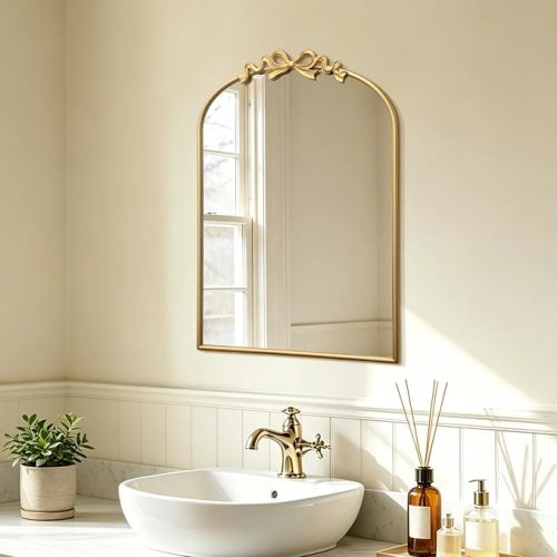 Bow Arched Gold Mirror: 22"x30" Gold Antique Vanity Wall Mounted Mirror - Vintage Baroque Traditional Ornate for Bedroom/Bathroom/Makeup Vanity - Wall Decor for Teen Girl
