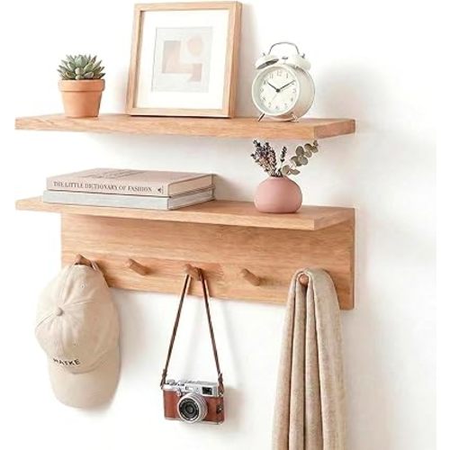 Floating Wall Shelves with Hooks, Rustic Wood Coat Rack & Storage Organizer for Entryway, Kitchen & Bedroom, Wall Mounted Display Shelf for Books, Plants & Photos