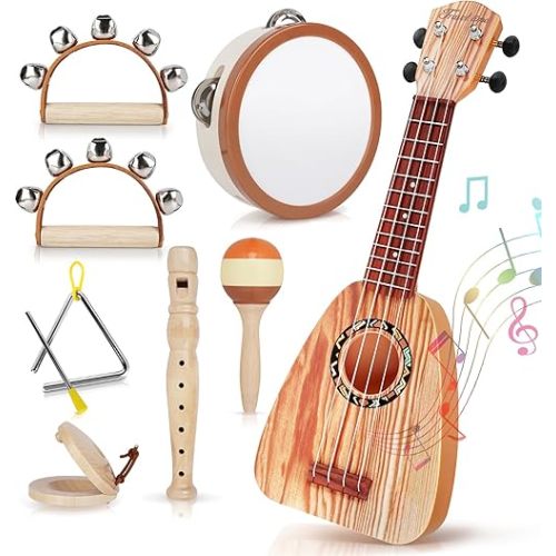 Kids Guitar Set - Toys for 2 3 Year Old Boy Gifts, Montessori Musical Instruments for Toddler 2-4, Birthday Gifts for 3 4 Year Old Girls, Band Sets with Ukulele/Tambourine/Maracas for Kids Age 3 4 5 6