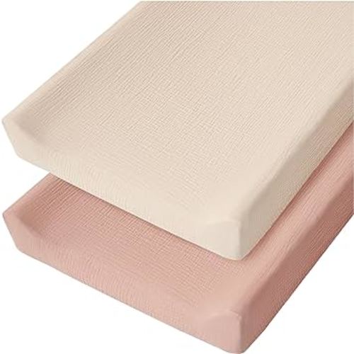 Konssy 2 Pack Muslin Changing Pad Cover for Baby Girls Boys 100% Cotton Fitted Diaper Changing Table Cover Set, Soft Changing Pad Sheets (Pink, Cream)