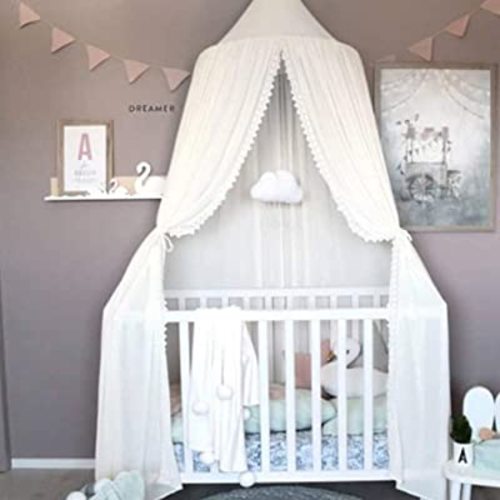 Kids Bed Canopy with Lace Sheer Chiffon Hanging Canopy Net for Baby Crib Nook Castle Game Tent Nursery Play Room Decor (White)