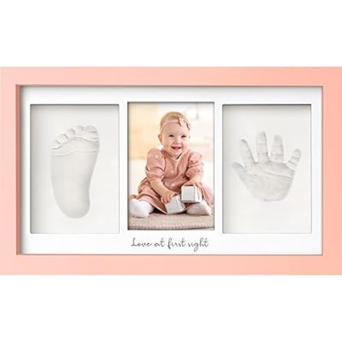 Baby Hand and Footprint Kit - Clay Handprint Keepsake Frame, Newborn Nursery Picture Frame, Personalized New Mom Gifts for Baby Shower & Registry (Sweet Pink)