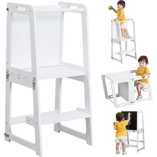 4-in-1 Learning Tower for Toddlers and Kids 1-6 Years, Kitchen Helper Stool with Chalkboard, Desk Table, and Chair All in One, White