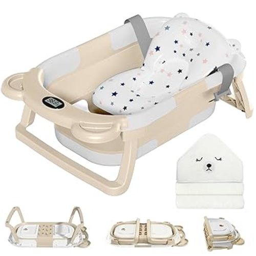 MoreFeel Collapsible Baby Bathtub for Newborn with Thermometer & 1 Hooded Towel & 1 Soft Floating Cushion,Portable Travel Bathtub with Drain Hole, Durable Foldable Baby Tubs for Infants to Toddler - Beige