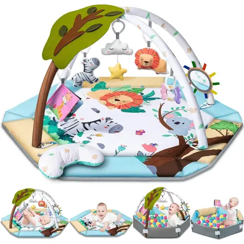 Baby Gym Play Mat, 8-in-1 Tummy Time Mat & Ball Pit with 6 Toys, Washable Baby Activity Play Mat for Visual, Hearing, Sensory, Motor Development, Baby Toys Gift for Toddler Infant 0-3-6-9-12 Month