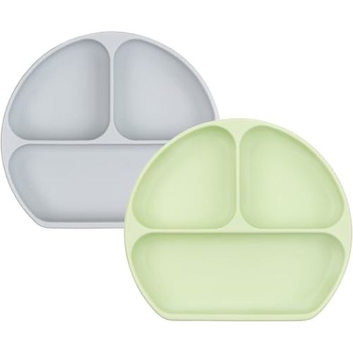 Bumkins Toddler and Baby Suction Plate, Silicone Divided Grip Dish for Babies and Kids, Baby Led Weaning, Children Feeding Supplies, Non Skid Bottom, Platinum Silicone, 6 Months Up, Gray and Sage