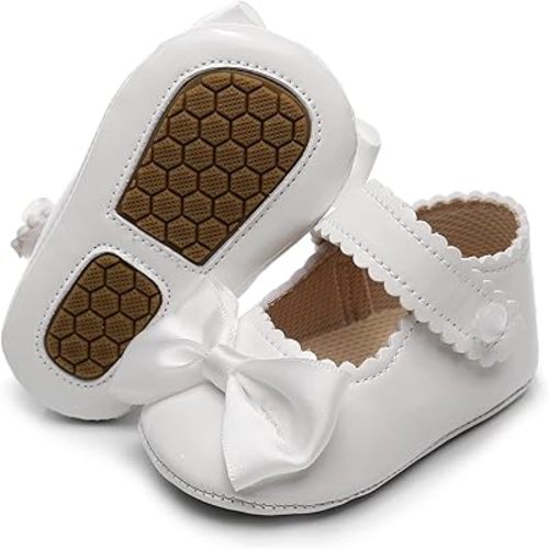 HONGTEYA Infant Baby Girls Mary Jane Flats Non Slip for Toddler First Walkers Soft Sole PU Leather Crib Shoes Sneaker Wedding Party Christmas Princess Dress Shoes Baby Moccasins Girls - 6-12 Months Toddler - Dnhh-16-white