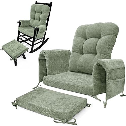 Glyzia 5 PCS Glider Rocker Replacement Cushions with Storage Side Pocket, Luxuriy Chenille Fabric Foam & Microfiber Filling, Thickened & Supportive Rocking Chair Cushion Set, Light Green