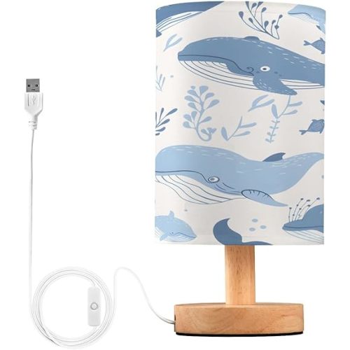 Minimalist Night Stand Light Lamp - Different Whales Bedside Table Lamp with USB Port,Wood Base Round Flaxen Fabric Shade Desk Reading Lamp for Living Room Office Dorm