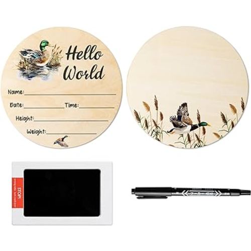 R HORSE Baby Birth Announcement Sign - Wooden Baby Birth Sign with Marker Pen for Baby Hand and Footprints, Double-sided Mallard Duck Newborn Name Announcement Sign with Ink Pad for Unisex Baby Shower