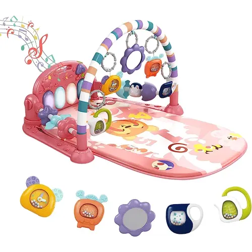 dearlomum Baby Play Mat Baby Gym,Funny Play Piano Tummy Time Baby Activity Mat with 5 Infant Sensory Baby Toys, Music and Lights Boy & Girl Gifts for Newborn Baby 0 to 3 6 9 12 Months (Pink)