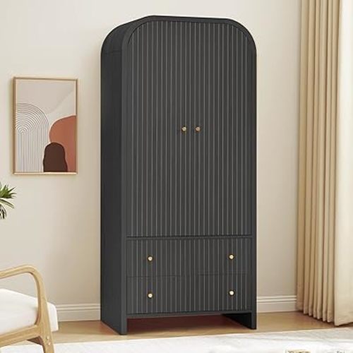 LEVNARY Arched Armoire Wardrobe Closet, Mid-Century Modern 2-Door Freestanding Wardrobe with Hanging Rod and 2 Drawers, Fluted Carved Clothing Storage Cabinet for Bedroom (Black)