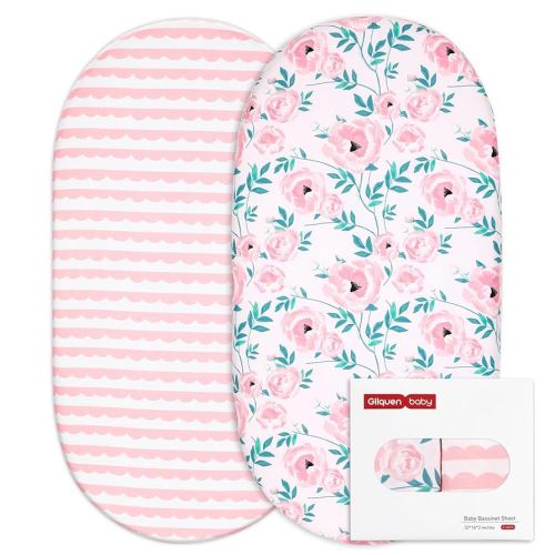 Gllquen Baby Bassinet Sheets Set 2-Pack, Breathable Cozy Bassinet Fitted Sheet Universal Fit Standard Mattress Oval Rectangle Cradle Baby Sheets for Baby Boy Girls Unisex 32"x16" (Pink Flower)