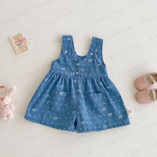 Baby Sweet Bow Dots Blue Denim Overalls