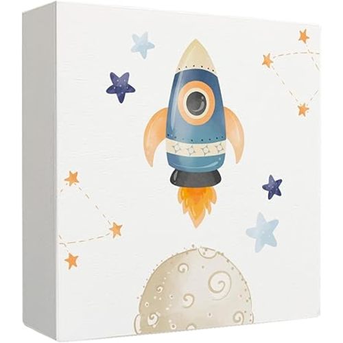 Space Nursery Decor Wooden Box Sign, Space Decorations, Spaces Planet Rocket Wood Signs for Nursery Boys Room Home Table Shelf Desk Spaces Room Decor, 5x5 Inch