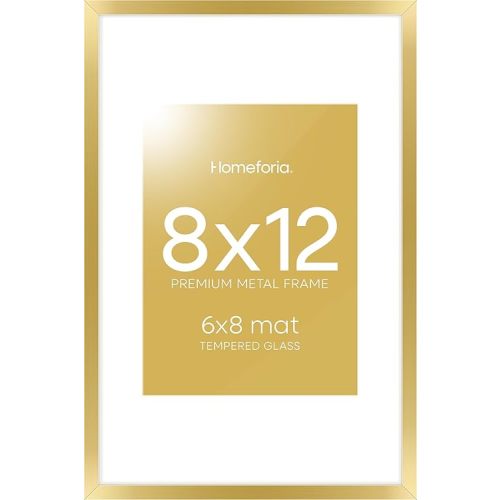 Homeforia - 8x12 inch Metal Picture Frame - 8 x 12 Aluminum Photo Frames - 6x8 Mat - Tempered Glass - Wall Hook Included - Set of 1 - Gold