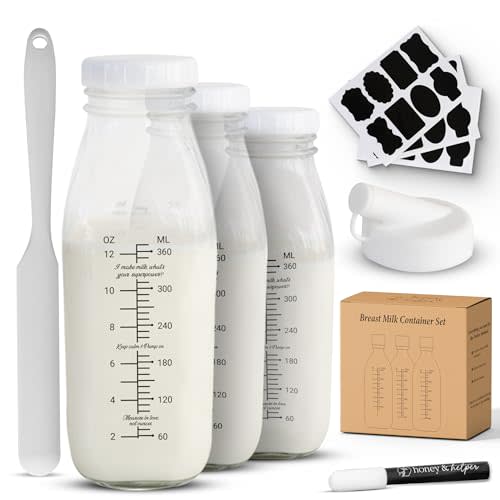 Breast Milk Pitcher | Set of 3 Glass Breastmilk Storage Bottles, Pour Spout & Silicone Spatula | Breast Milk Container w/ Chalkboard Labels & Pen | Ideal Breastmilk Storage Pitcher for Baby Shower