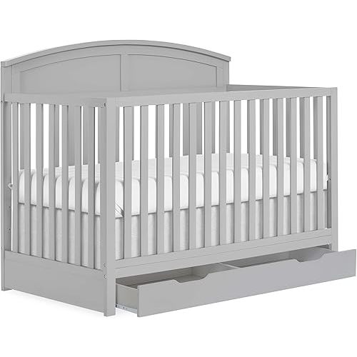Dream On Me Storybrooke 5 in 1 Convertible Crib with Under Drawer in Pebble Grey, JPMA & Greenguard Gold Certified, Made of Sustainable Pinewood, Non-Toxic Water-Based Paint Finish