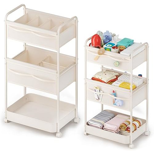 Baby Diaper Caddy, Premium Metal& Felt Movable Cart with Dividers for Newborn Nursery Essentials, Large Capacity Rolling Diaper Storage Caddy Organizer for Changing Table &Crib, Easy Assembly- Beige