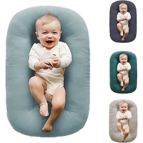 Baby Lounger for Newborn Pillow,Loevin Baby Nest Pillow Co-Sleeping for Baby in Bed,Newborn Lounger for Boys & Girls 0-12 Months-Misty Blue