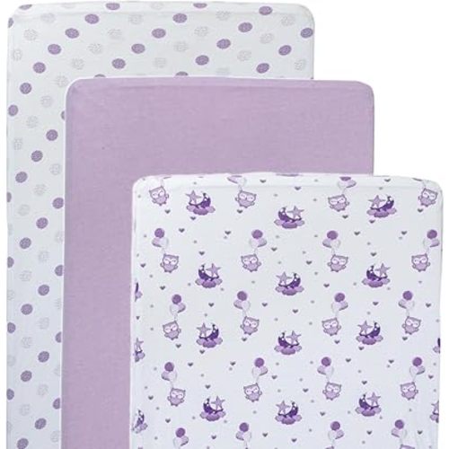 JABMARS Crib Sheets (3 Pack) - Soft Jersey Cotton Fitted Baby Crib Sheets | Cute Bed Sheets & Toddler Bed Mattress | Baby Boy Crib Bedding Set | Blue Grey Elephant (Purple)