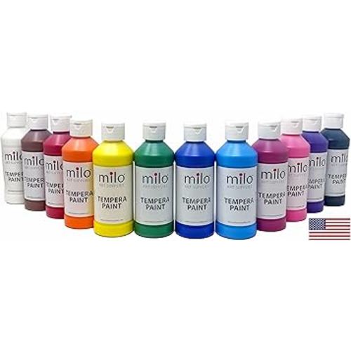 milo Tempera Paint Set of 12 Colors | 8 oz Bottles | Made in the USA | Washable and Non-Toxic Art & Craft Poster Primary Paints for Artists, Kids, & Hobby Painters