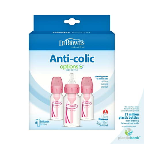 Dr. Brown’s Natural Flow Anti-Colic Options+ Narrow Baby Bottle, Pink, 4oz, Slow Flow, 0m+, 3 Pack