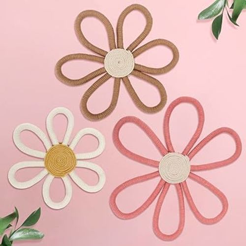 Huray Rayho Boho Nursery Wall Decor Woven Daisy Flowers Macrame Wall Hanging Decor Bohemian Home Bedroom Room Wall Art White Pink Flowers for Baby Girls Kids Nursery Dorm Decor Set of 3