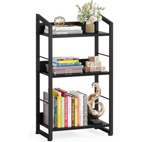 Hosfais Book Shelf Small Bookshelf: 3-Tier Wood Bookcase Industrial Bookshelf with Edge Protection Metal Narrow Bookshelves Storage Organizer Display Rack for Bedroom (Modern Black, 3-Tier)