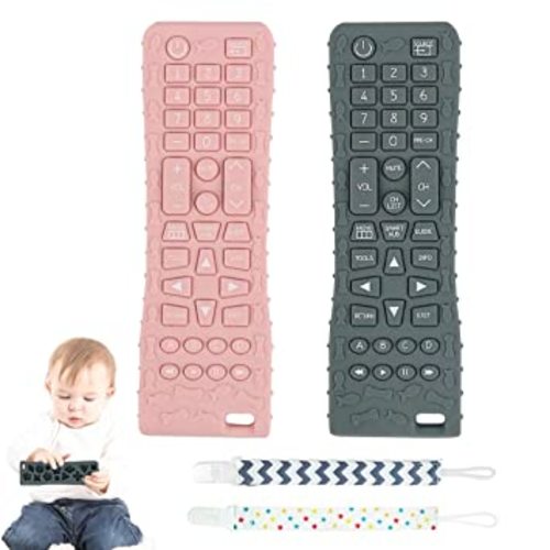 2Pack Silicone Baby Teething Toys, Soft Chew Toys with TV Remote Control Shape, Teether Early Educational Sensory Toy for Babies 3-12 Months Boys or Girls(Grey+Pink) - Gery+Pink