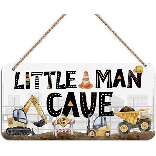 Little Man Cave Sign for Boys Construction Trucks Wooden Door Wall Hanging Nursery Decor Rustic Baby Room Toddler Boy Gamer Decor