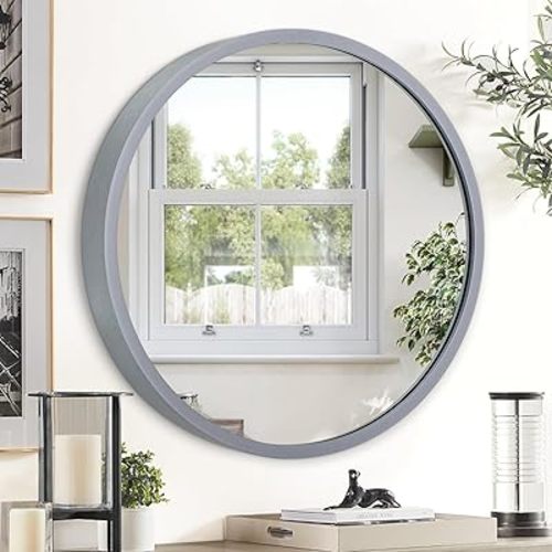 JJUYOU Wall Round Mirror - Gray Metal Aluminum Alloy Frame Circle Mirror for Bathroom Vanity, Bedroom Home Decor