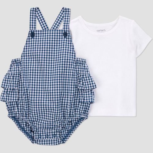 Carter's Just One You® Baby Girls' Gingham Bubble Top & Bottom Set - Blue 18M: Classic Pattern, Cotton, Pullover, Crotch Snap