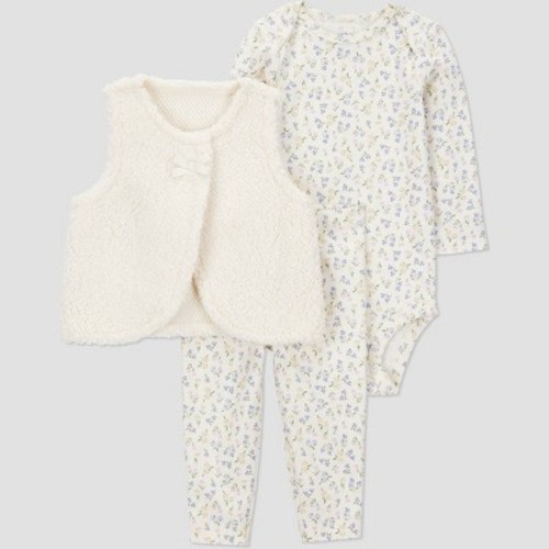Carter's Just One You® Baby Girls' 3pc Floral Faux Shearling Vest with Bodysuit and Leggings Set - Cream Newborn