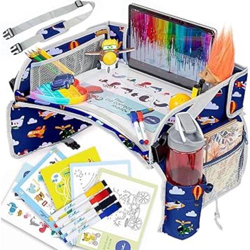 PILLANI Kids Travel Tray for Car - Car Seat Tray for Kids Travel, Road Trip Essentials, Carseat Table for Roadtrip Activities - Must Have Toddler Lap Desk Organizer for Airplane - Travel Accessories