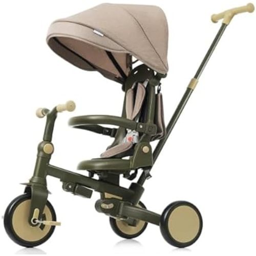 7 in 1 Baby Tricycle, Foldable Toddler Tricycle with Removable and Adjustable Parent Handle, Toddler Push Bike with Removable Pedal, Canopy, and Guardrail, Tricycle for 12-72 Months (Dark Green)