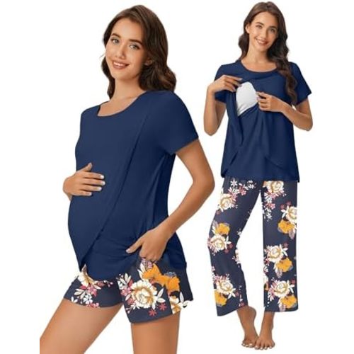 Ekouaer 3 PCS Maternity Nursing Pajamas Set Postpartum Breastfeeding Short Sleeve Shirts, Pregnancy Shorts & Pants Pjs S-XXL