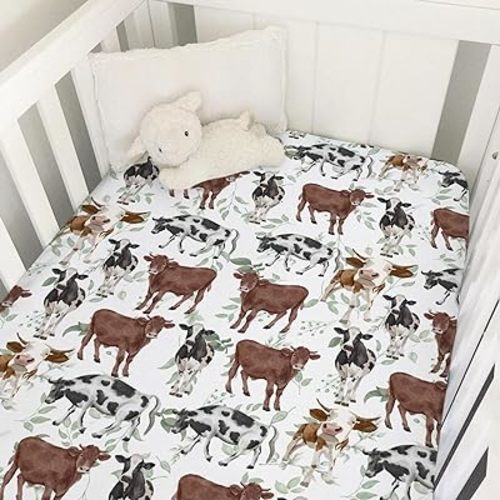 Watercolor Cows Green Leaves Baby Crib Sheets 52''x28'' Farm Cows Cattle Yak Fitted Crib Mattress Cover Sheets for Boy Girl Nursery Toddler Bed Sheets for Standard Crib and Toddler Mattresses