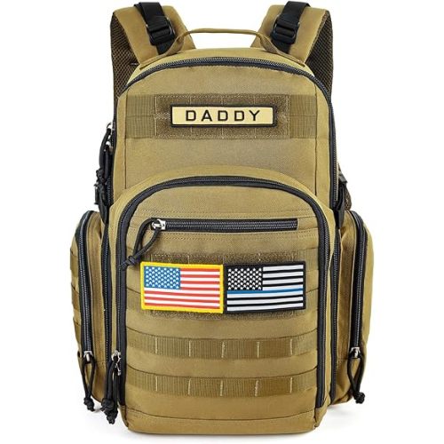 MIRACOL Military Diaper Bag for Dad - Large Diaper Backpack with 12+ Compartments - Insulated Bottle Pockets Quick-Access Wipe Dispenser for Travel Hiking Camping Tan Father's Day Gifts