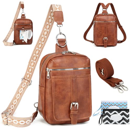 Sling Bag Crossbody Backpack Purse - 2 in 1 Leather Cross Body Bag Fanny Pack with 2 Removable Strap Large Chest Shoulder Bag