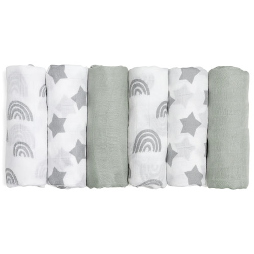Gllquen Baby Muslin Organic Cotton Swaddle Blankets 6-Pack for Newborn Infant Boys Girls 27 x 27", Grey Star