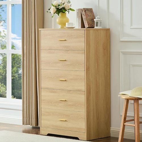 LIDYUK Natural Oak Dresser for Bedroom, 5 Drawer Wood Dresser, 47" Tall Chest of Drawers for Bedroom, Living Room & Hallway