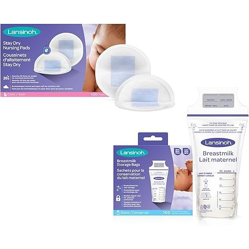 Lansinoh Breastmilk Storage Bags (100 Count, 6 Ounce) + Lansinoh Stay Dry Disposable Nursing Pads (100 Count)