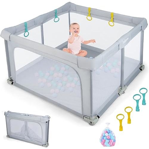 INFANS Baby Playpen Foldable, 50’’x50’’ Large Baby Playard for Toddlers with Gate, Soft Visible Mesh, Indoor Outdoor Kids Activity Center Baby Fence with 4 Handlers 50 Ocean Balls (Gray)